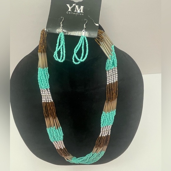 YMC Jewelry - NWT Multi-Strand Turquoise, Brown, and Silver Colored Bead Necklace & earrings